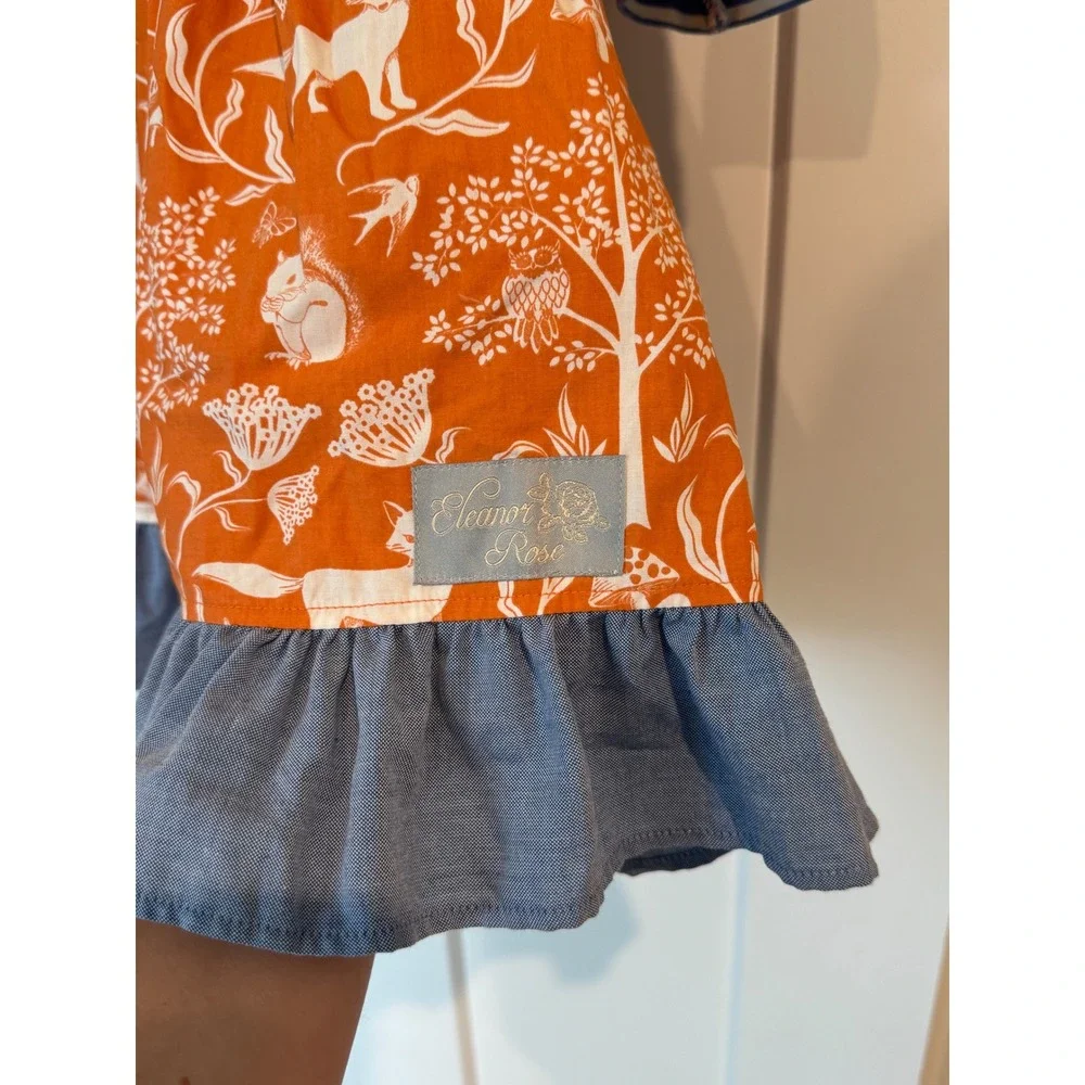Eleanor Rose Girls Rhonda Woodland Fox Striped Ruffle Dress Orange Blue Size 7-8